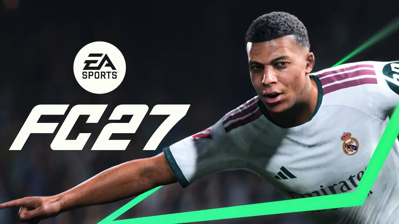 Official EA SPORTS FC 27 reveal artwork showing a player under stadium floodlights