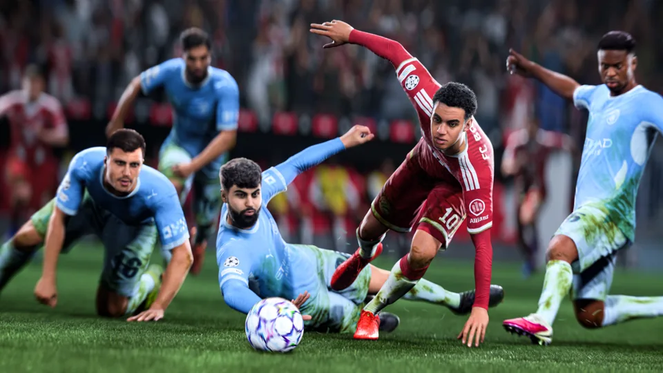 Official FC 27 screenshot of Musiala dribbling off balance